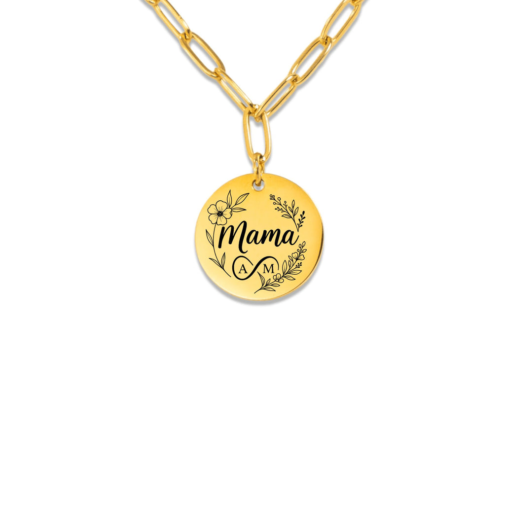 Gold necklace with a round pendant engraved with 'Mama' on a white background